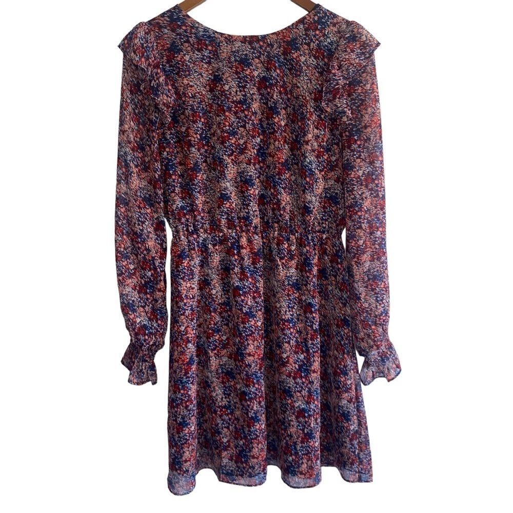 Banana Republic Red and Blue Floral Long Sleeve Ruffle Dress